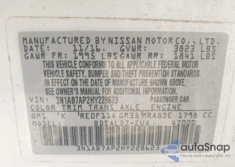 2017 Nissan Sentra Sv z USA, uszkodzony, nr VIN 3N1AB7AP2HY228623